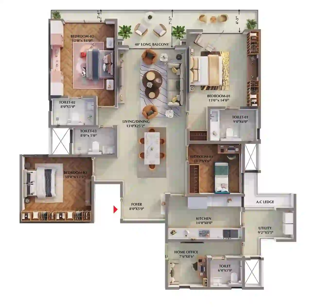 3 BHK Floor Plan — Prestige Raintree Park